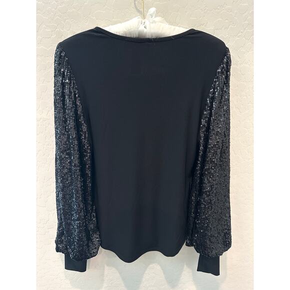 JOSEPH RIBKOFF | Black V-Neck Top with Sequin Balloon Sleeves | Size 2 - Picture 4 of 6
